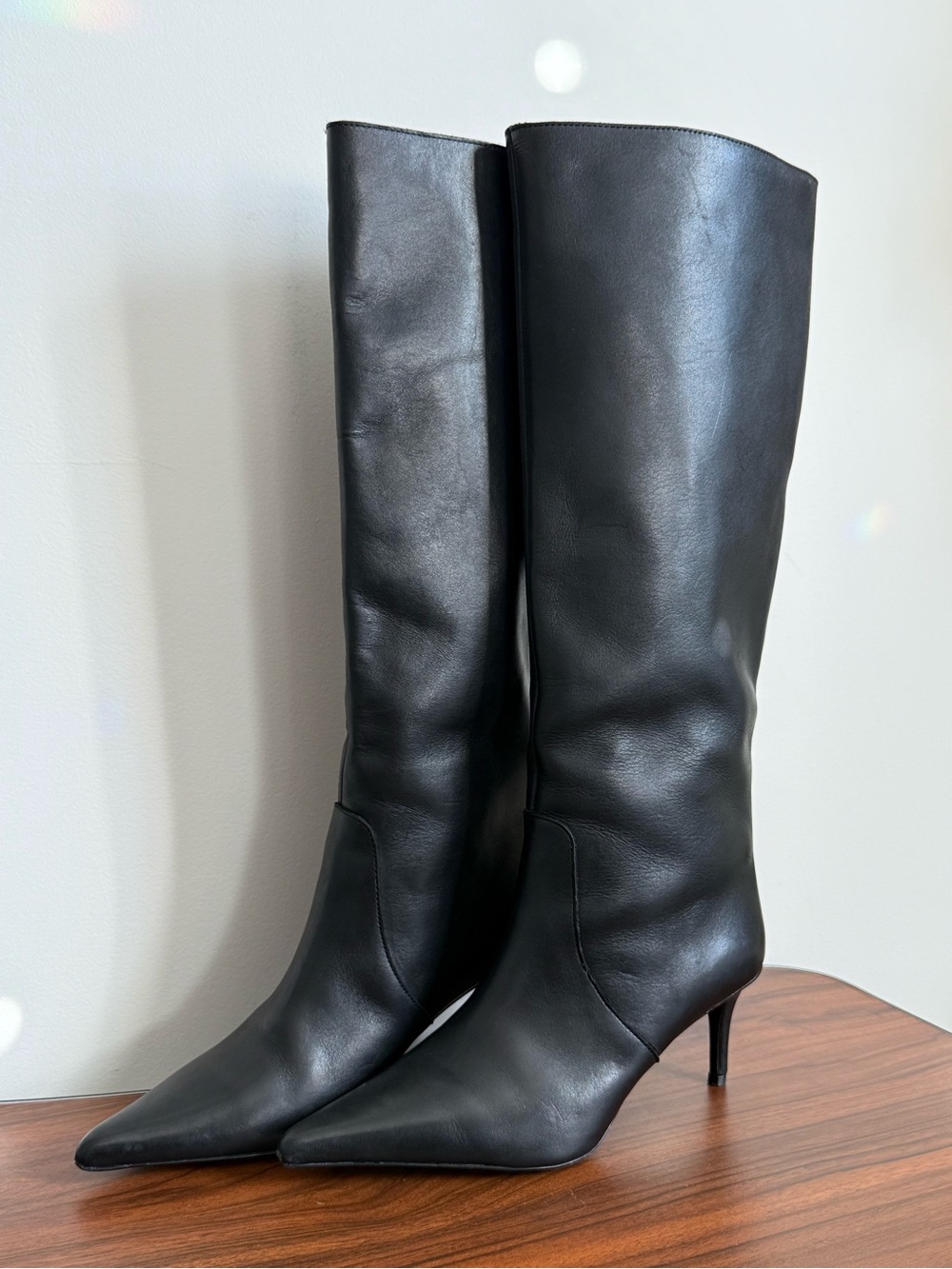 H&M Black Leather Knee High Pointed Toe Kitten Heel Boots 37